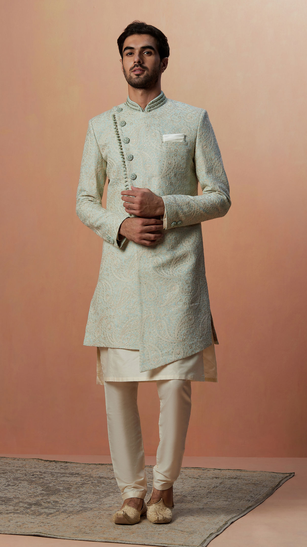 alt message - Manyavar Men Sage Green Self Design Indo Western image number 2